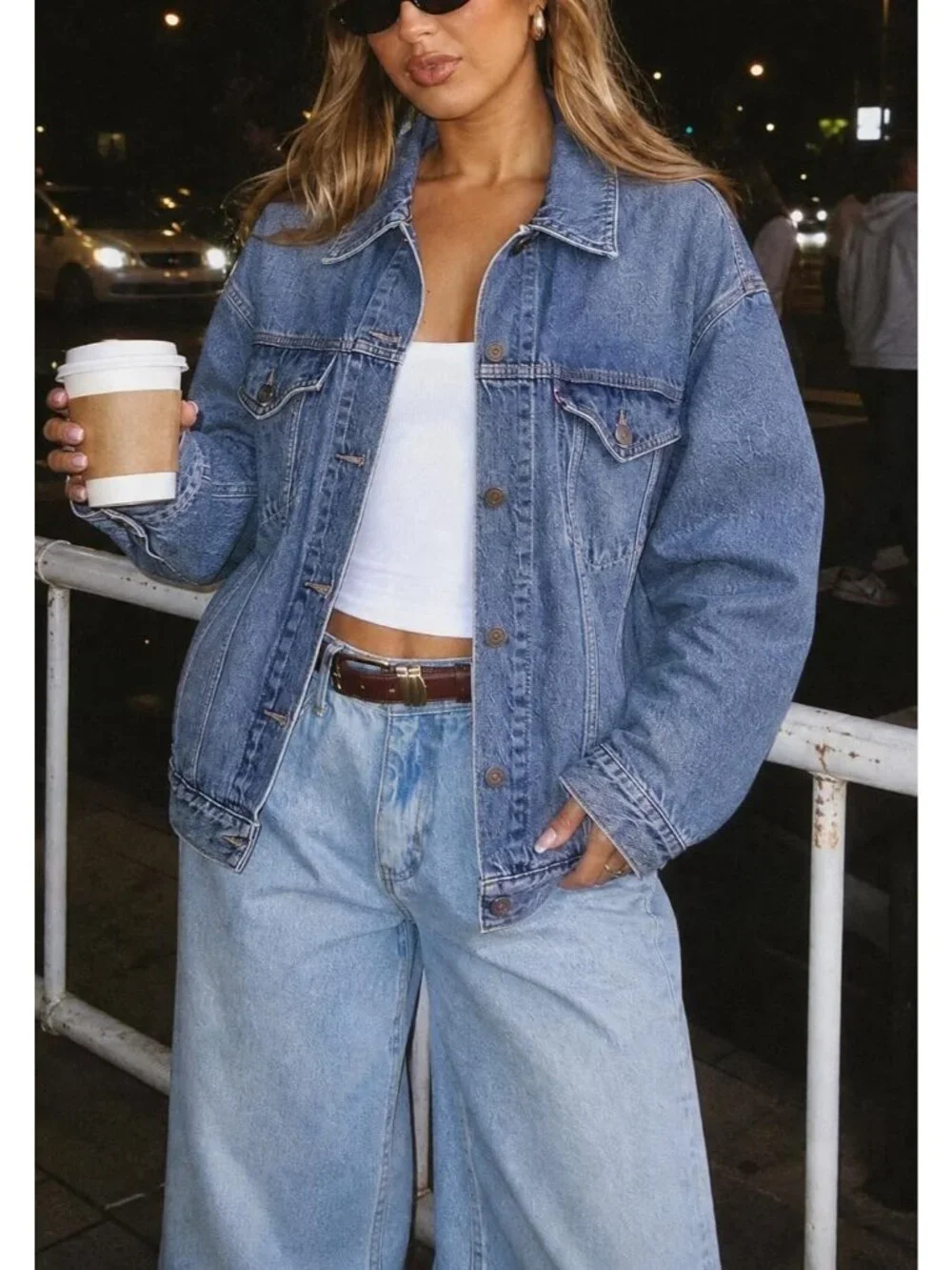 Women's Blue Oversized Casual Trucker Jeans Jacket Long Sleeve Button Down Coat